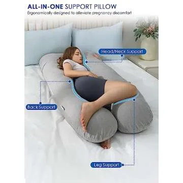 QUEEN ROSE Pregnancy Pillows, Cooling Maternity Pillow for Sleeping, 55in U Shaped Body Pillow for Pregnant Support, with Removable Silky Cover, Gray
