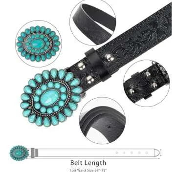UTOWO Western Cowgirl Belt for Women,Vintage Engraved Tooled Leather Belt Turquoise Cowboy Country Belt