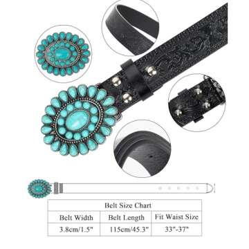 UTOWO Western Cowgirl Belt for Women,Vintage Engraved Tooled Leather Belt Turquoise Cowboy Country Belt