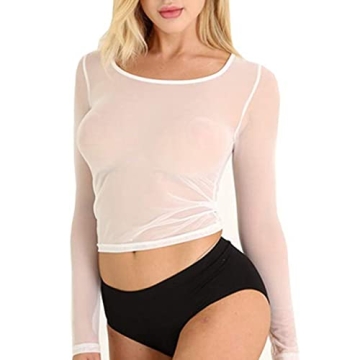 FGHSFRT Women's Round Neck Long Sleeve Sheer Mesh Crop Tops Tee Shirt Blouse Casual Wear White