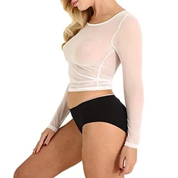 FGHSFRT Women's Round Neck Long Sleeve Sheer Mesh Crop Tops Tee Shirt Blouse Casual Wear White