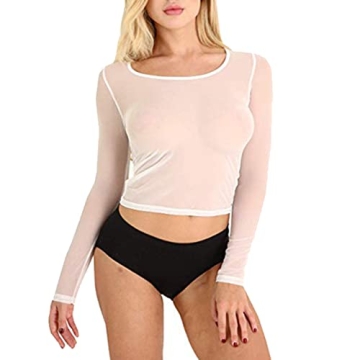 FGHSFRT Women's Round Neck Long Sleeve Sheer Mesh Crop Tops Tee Shirt Blouse Casual Wear White