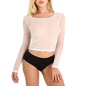 FGHSFRT Women's Round Neck Long Sleeve Sheer Mesh Crop Tops Tee Shirt Blouse Casual Wear White