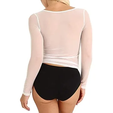 FGHSFRT Women's Round Neck Long Sleeve Sheer Mesh Crop Tops Tee Shirt Blouse Casual Wear White