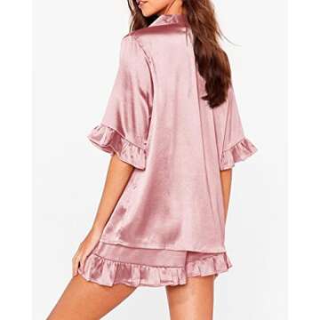 Beladymn Women's Silk Satin Pajamas Set Ruffle Short Sleeve Sleepwear Button Down Two-Piece Pjs Shorts Set Loungewear Pink