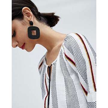 Boderier Beaded Hoop Earrings Bohemian Beaded Square Dangle Statement Earrings (Black)