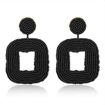 Boderier Beaded Hoop Earrings Bohemian Beaded Square Dangle Statement Earrings (Black)