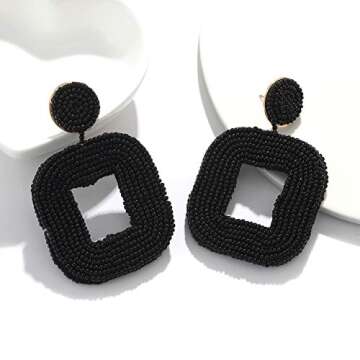Boderier Beaded Hoop Earrings Bohemian Beaded Square Dangle Statement Earrings (Black)