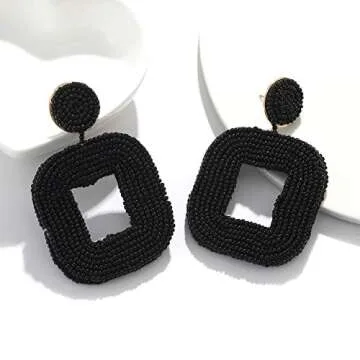 Boderier Beaded Hoop Earrings Bohemian Beaded Square Dangle Statement Earrings (Black)