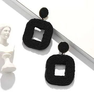 Boderier Beaded Hoop Earrings Bohemian Beaded Square Dangle Statement Earrings (Black)