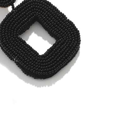 Boderier Beaded Hoop Earrings Bohemian Beaded Square Dangle Statement Earrings (Black)