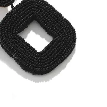 Boderier Beaded Hoop Earrings Bohemian Beaded Square Dangle Statement Earrings (Black)