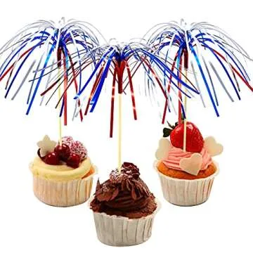 YSSAI 4th of July Cocktail Picks 100 Counts 4.7 Inch Firework Design Red White Blue Firework Picks Bamboo Toothpicks Cocktail Sticks Food Picks for Fourth of July Independence Day Party Supplies