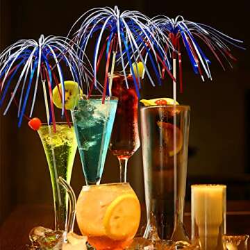 YSSAI 4th of July Cocktail Picks 100 Counts 4.7 Inch Firework Design Red White Blue Firework Picks Bamboo Toothpicks Cocktail Sticks Food Picks for Fourth of July Independence Day Party Supplies