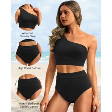 Holipick Black Women One Shoulder High Waisted Bikini Sets Two Piece Swimsuit Tummy Control Bathing ...