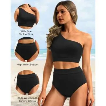 Holipick Black Women One Shoulder High Waisted Bikini Sets Two Piece Swimsuit Tummy Control Bathing ...