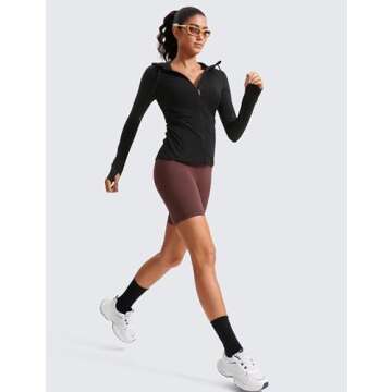 CRZ YOGA Butterluxe Womens Hooded Workout Jacket Athletic Running Zip Up with Back Mesh Vent and Thumb Holes Black Large