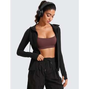 CRZ YOGA Butterluxe Womens Hooded Workout Jacket Athletic Running Zip Up with Back Mesh Vent and Thumb Holes Black Large