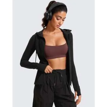 CRZ YOGA Butterluxe Womens Hooded Workout Jacket Athletic Running Zip Up with Back Mesh Vent and Thumb Holes Black Large