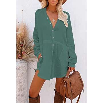 Pink Queen Women's Bathing Suit Cover Up Kimono Cardigan Casual Button Down Mini Short Blouse Shirt Dress Green L