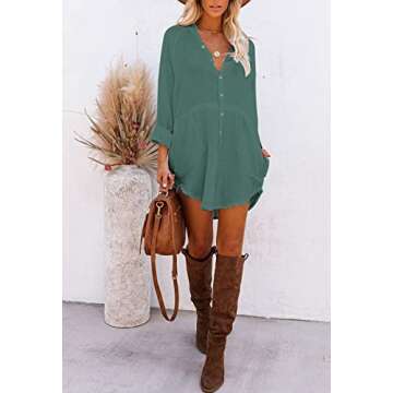 Pink Queen Women's Bathing Suit Cover Up Kimono Cardigan Casual Button Down Mini Short Blouse Shirt Dress Green L