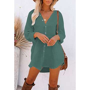 Pink Queen Women's Bathing Suit Cover Up Kimono Cardigan Casual Button Down Mini Short Blouse Shirt Dress Green L