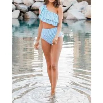 VIMPUNEC Ruffle One Shoulder Swimsuits for Women Striped High Waisted Two Piece Bathing Suits Blue Stripes