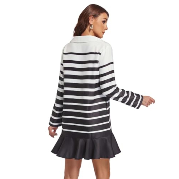 SCOFEEL Women's Long Sleeve Shirt Dress Striped V Neck Tunic Polo Dress Casual Ruffle Work Party Short Dress Blue