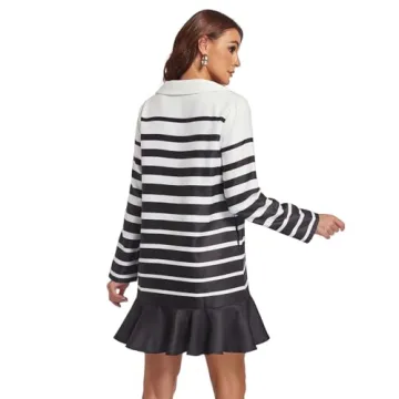 SCOFEEL Women's Long Sleeve Shirt Dress Striped V Neck Tunic Polo Dress Casual Ruffle Work Party Short Dress Blue