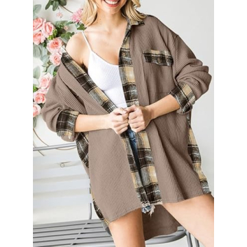 SHEWIN Waffle Knit Plaid Shacket for Women - Stylish Layering
