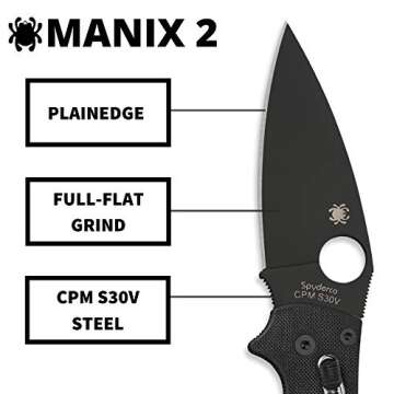 Spyderco Manix 2 Signature Knife with 3.37" CPM S30V Black Steel Blade and Durable Black G-10 Handle - PlainEdge - C101GPBBK2
