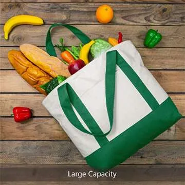 TOPDesign Stylish Canvas Tote Bag with an External Pocket, Top Zipper Closure, Daily Essentials (Green/Natural)