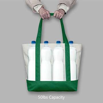 TOPDesign Stylish Canvas Tote Bag with an External Pocket, Top Zipper Closure, Daily Essentials (Green/Natural)