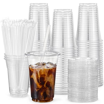 VITEVER [100 Sets - 16oz] Plastic Cups with Lids and Straws, Disposable Cups for Iced Coffee, Smooth...