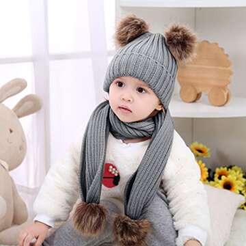 2pcs Baby Girls Boys Winter Hat Scarf Set, Infant Toddler Newborn Baby Knit Warm Beanie Cap Ski Hat + Scarf with Pom Pom Ball (Hat+Scarf Grey)