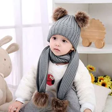 2pcs Baby Girls Boys Winter Hat Scarf Set, Infant Toddler Newborn Baby Knit Warm Beanie Cap Ski Hat + Scarf with Pom Pom Ball (Hat+Scarf Grey)
