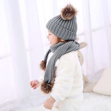 2pcs Baby Girls Boys Winter Hat Scarf Set, Infant Toddler Newborn Baby Knit Warm Beanie Cap Ski Hat + Scarf with Pom Pom Ball (Hat+Scarf Grey)