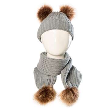 2pcs Baby Girls Boys Winter Hat Scarf Set, Infant Toddler Newborn Baby Knit Warm Beanie Cap Ski Hat + Scarf with Pom Pom Ball (Hat+Scarf Grey)