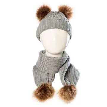 2pcs Baby Girls Boys Winter Hat Scarf Set, Infant Toddler Newborn Baby Knit Warm Beanie Cap Ski Hat + Scarf with Pom Pom Ball (Hat+Scarf Grey)