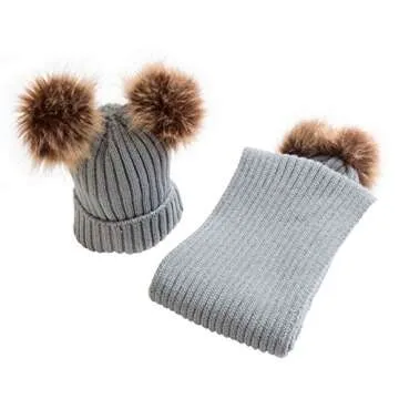 2pcs Baby Girls Boys Winter Hat Scarf Set, Infant Toddler Newborn Baby Knit Warm Beanie Cap Ski Hat + Scarf with Pom Pom Ball (Hat+Scarf Grey)