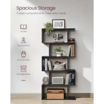 VASAGLE Bookshelf, 5-Tier Bookcase, Tall Display Shelf, Freestanding Storage Shelf, Room Divider, for Home Office, Living Room, Bedroom, Study, Ebony Black ULBC062T56
