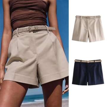 Women Commuting Formal Office High Waist Casual Zipper Fly Shorts with Belt