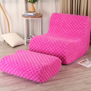 LOVMOC Accent Bean Bag Chair with Footstool, Modern Lazy Sofa Chair with Comfy Jacquard Shaggy Plush, Pink