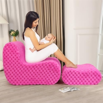 LOVMOC Accent Bean Bag Chair with Footstool, Modern Lazy Sofa Chair with Comfy Jacquard Shaggy Plush, Pink