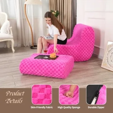 LOVMOC Accent Bean Bag Chair with Footstool, Modern Lazy Sofa Chair with Comfy Jacquard Shaggy Plush, Pink