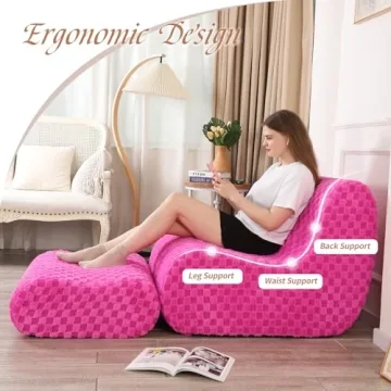 LOVMOC Accent Bean Bag Chair with Footstool, Modern Lazy Sofa Chair with Comfy Jacquard Shaggy Plush, Pink