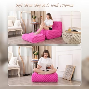 LOVMOC Accent Bean Bag Chair with Footstool, Modern Lazy Sofa Chair with Comfy Jacquard Shaggy Plush, Pink