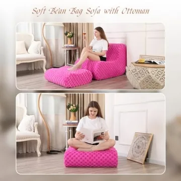 LOVMOC Accent Bean Bag Chair with Footstool, Modern Lazy Sofa Chair with Comfy Jacquard Shaggy Plush, Pink