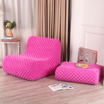 LOVMOC Accent Bean Bag Chair with Footstool, Modern Lazy Sofa Chair with Comfy Jacquard Shaggy Plush, Pink