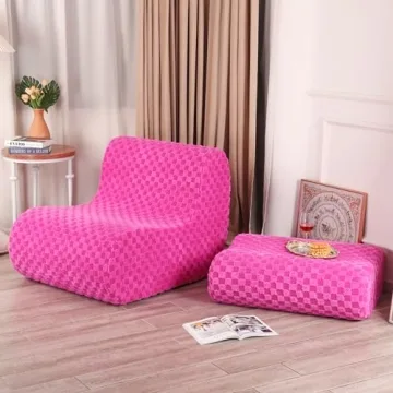 LOVMOC Accent Bean Bag Chair with Footstool, Modern Lazy Sofa Chair with Comfy Jacquard Shaggy Plush, Pink